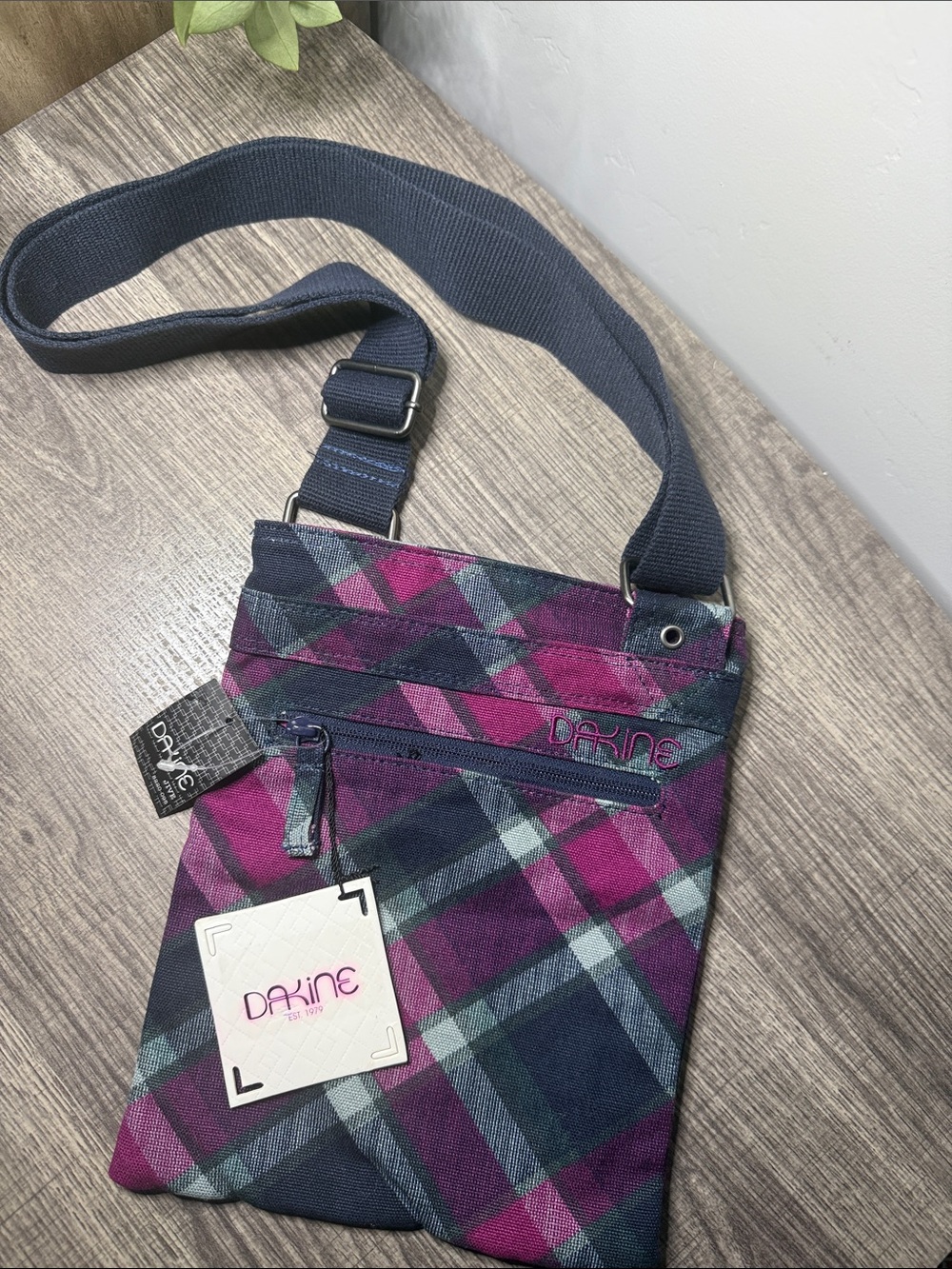 DAKINE Purple Plaid Crossbody Bag with Navy Strap